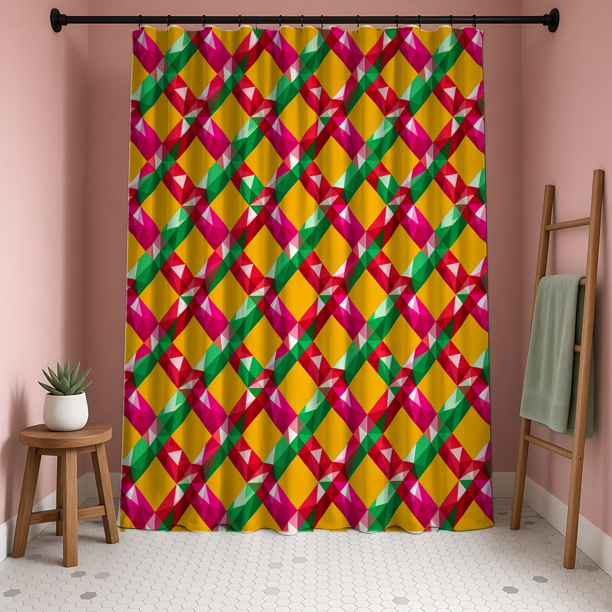 Big Jewel Prism Weave II Shower Curtain in a blush-pink bathroom