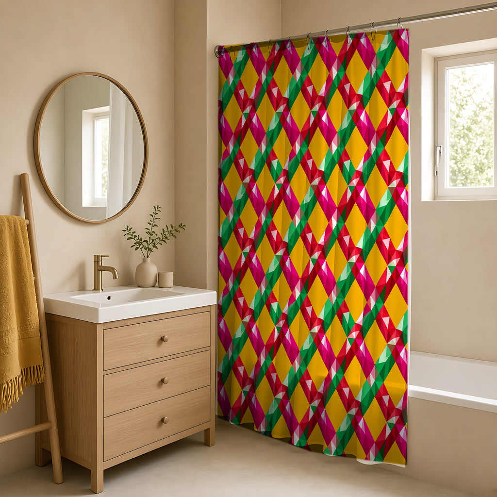 Big Jewel Prism Weave II Shower Curtain in a warm neutral bathroom with an oak vanity