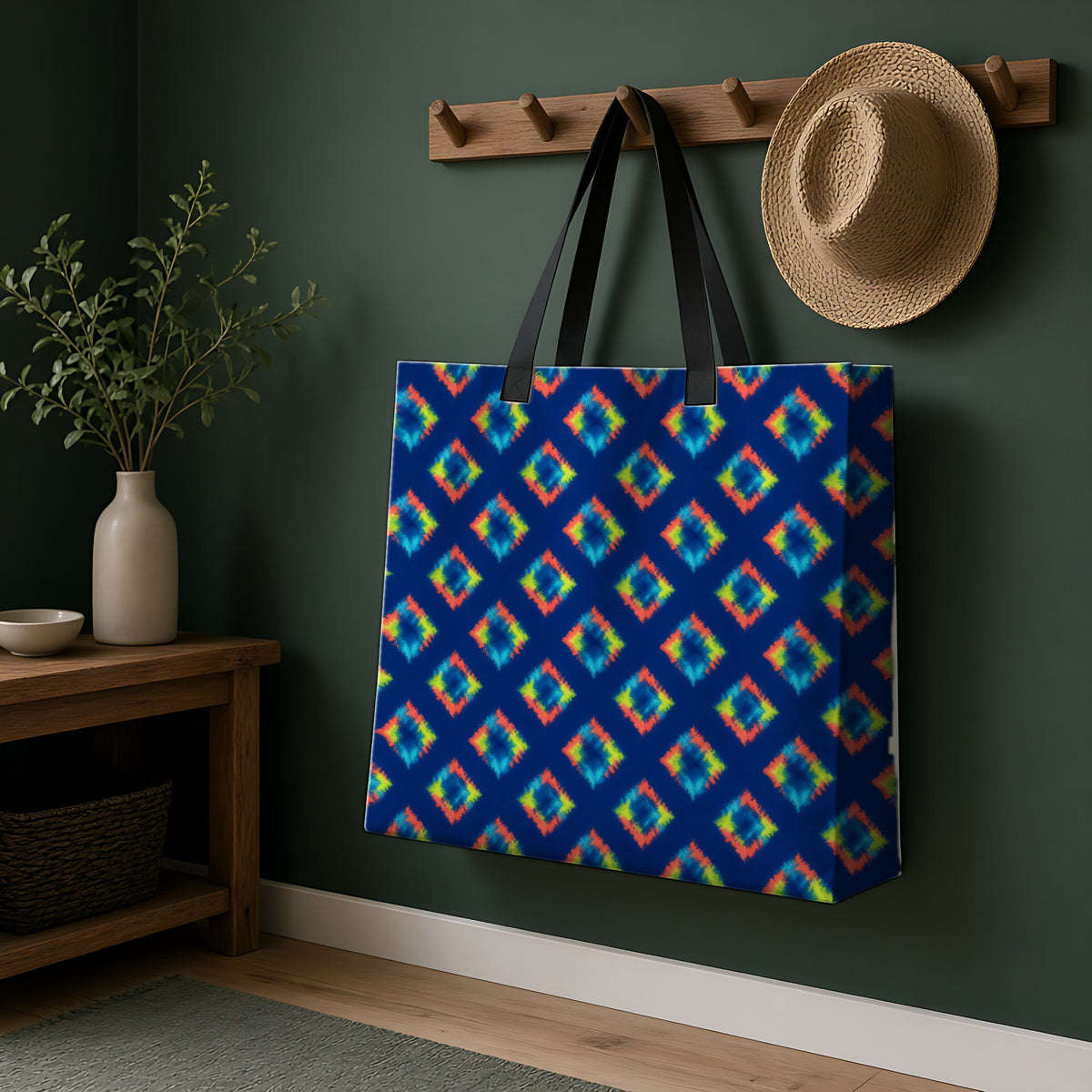 Itajime Neon Grid Weekender Tote Bag hanging on a peg rail in a green hallway
