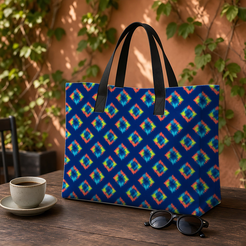 Itajime Neon Grid Weekender Tote Bag on a garden café table