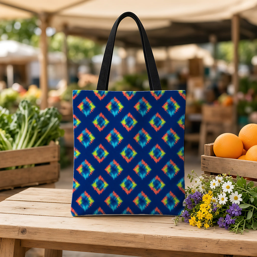 Itajime Neon Grid Weekender Tote Bag on a wooden bench at a farmers market