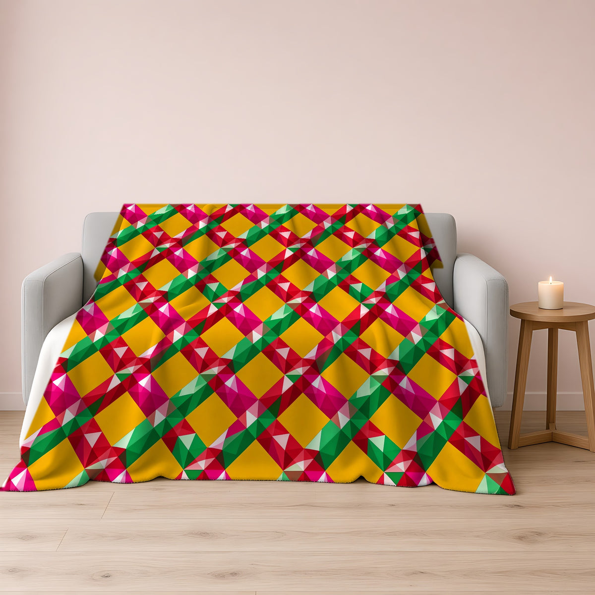 Big Jewel Prism Weave II Sherpa Fleece Blanket draped over a grey sofa