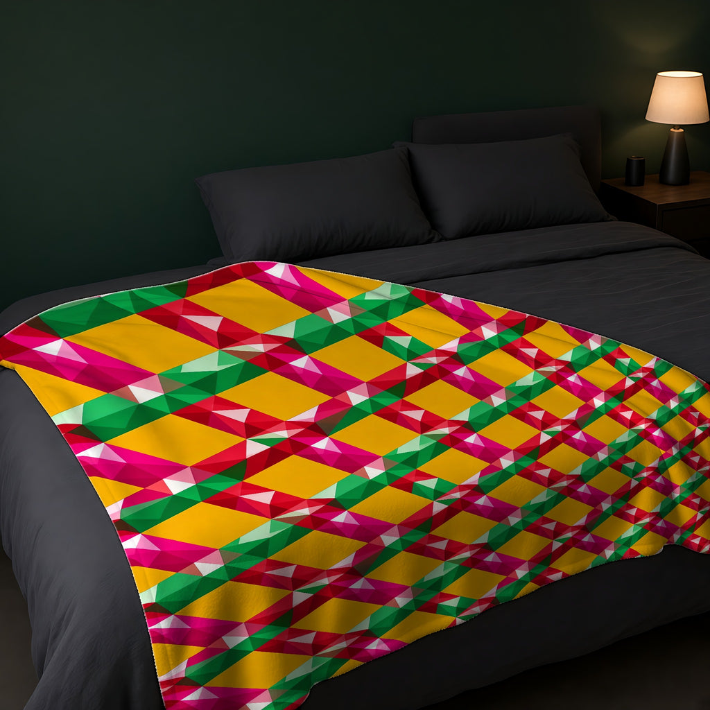 Big Jewel Prism Weave II Sherpa Fleece Blanket across the foot of a dark bed