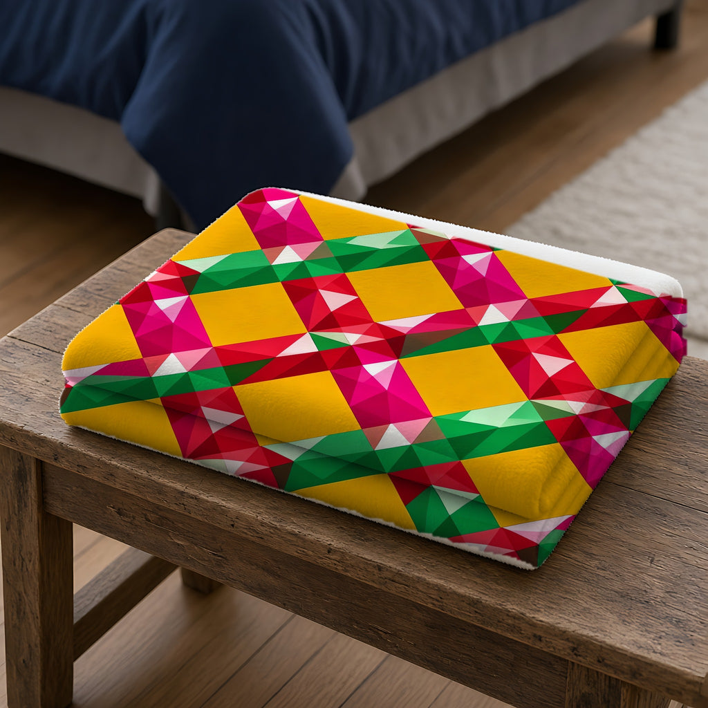 Big Jewel Prism Weave II Sherpa Fleece Blanket folded on a wooden bench