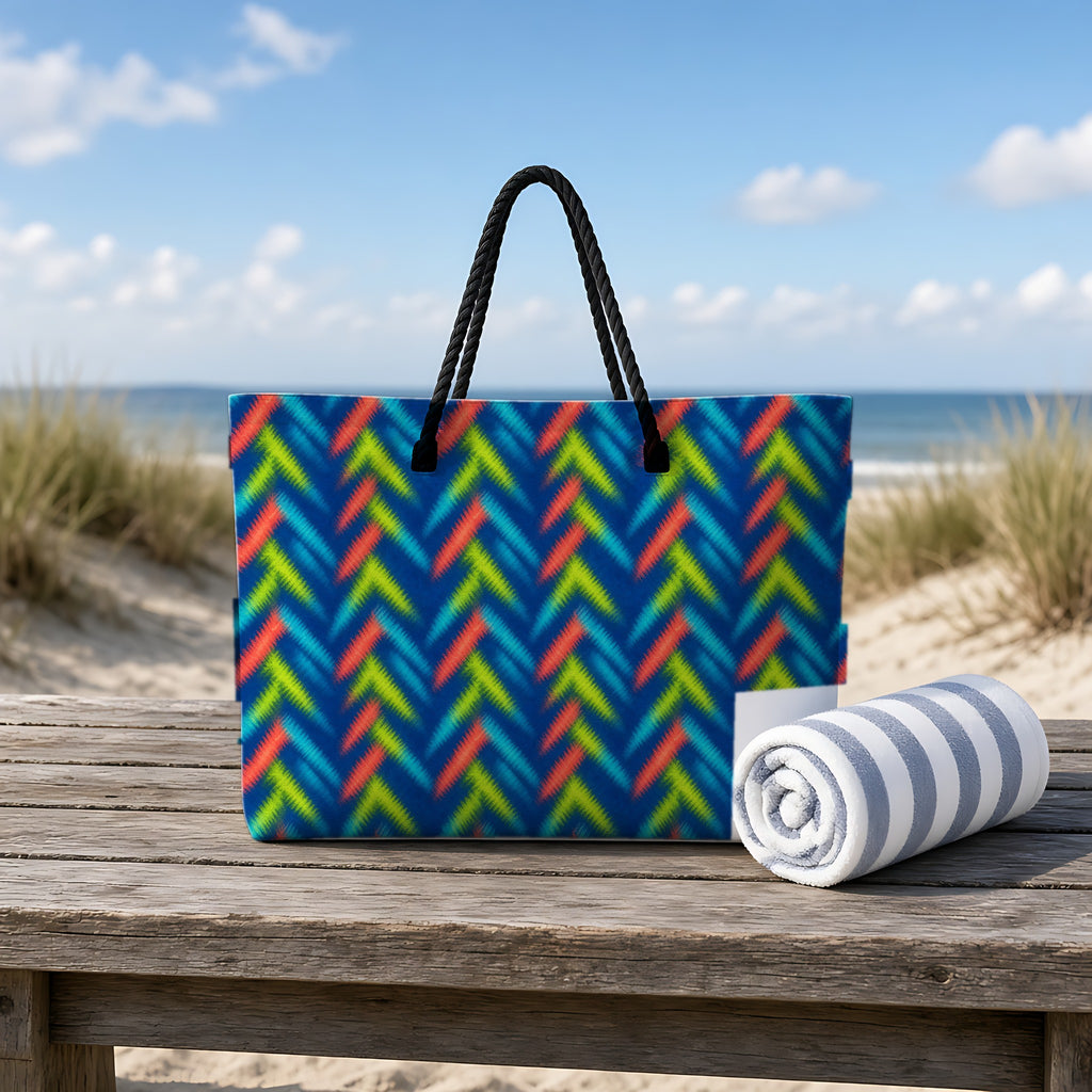 Neon Zigzag Fold Weekender Tote Bag on a rustic table by the beach