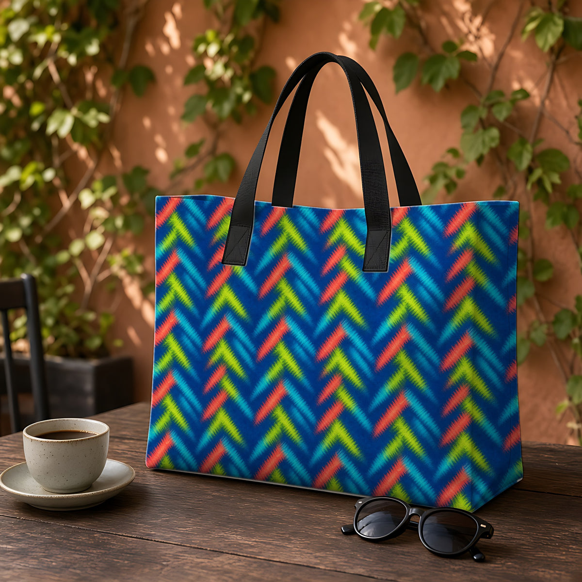 Neon Zigzag Fold Weekender Tote Bag on a garden café table