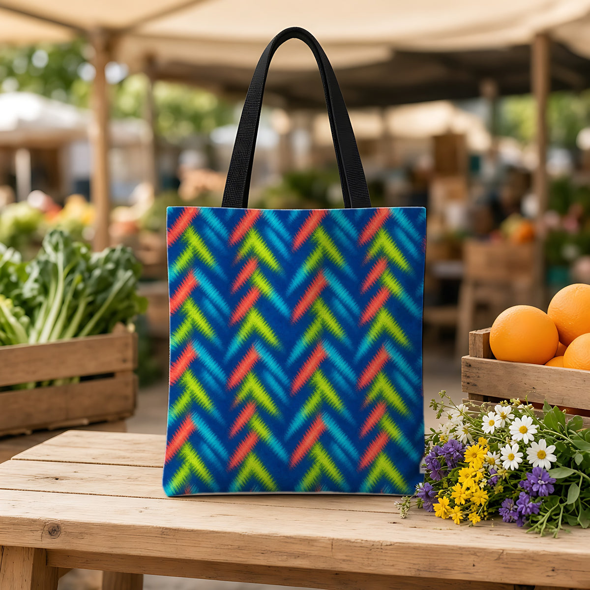Neon Zigzag Fold Weekender Tote Bag on a wooden bench at a farmers market