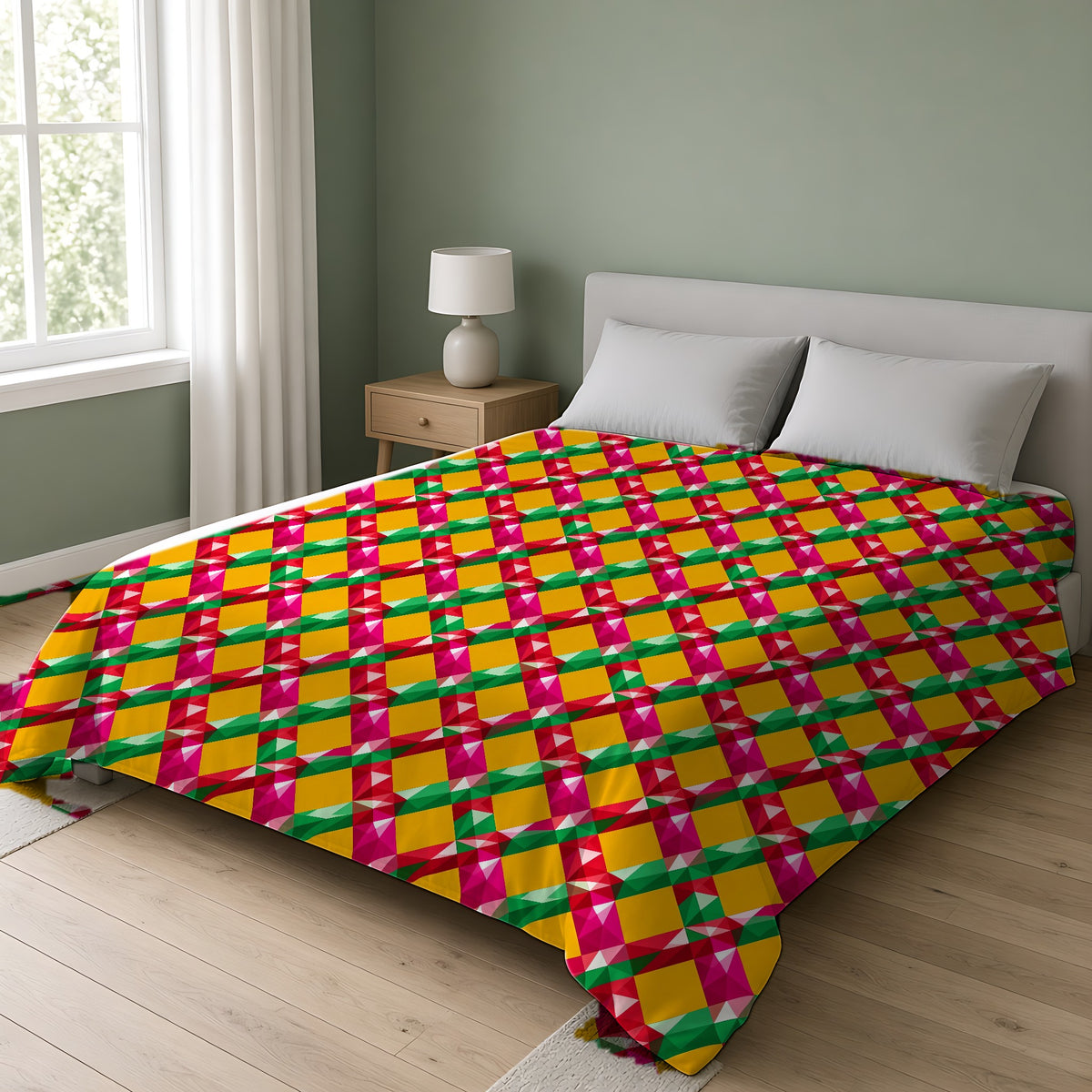 Big Jewel Prism Weave II Cotton Duvet Cover on a double bed in a bright sage-green bedroom