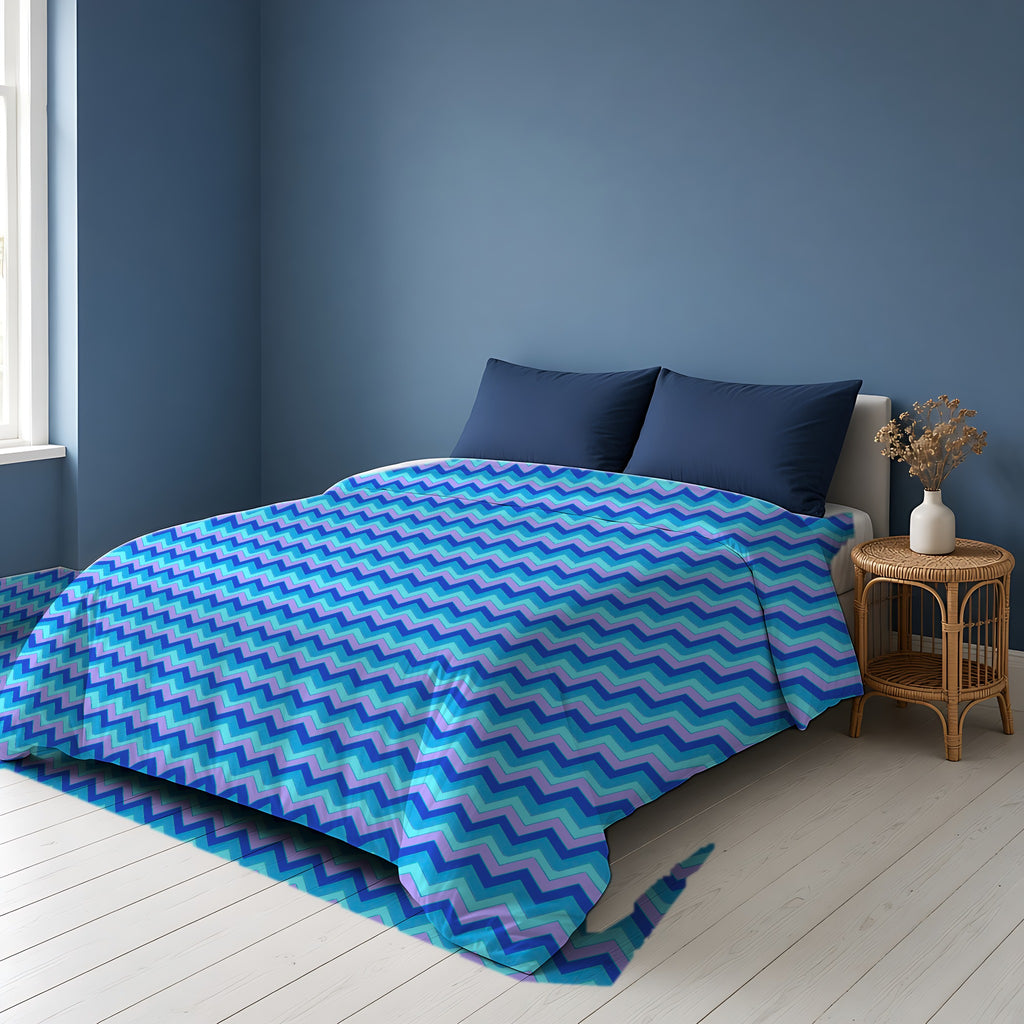 Jewel Chevron Bands Cotton Duvet Cover on a bed in a Scandinavian blue bedroom