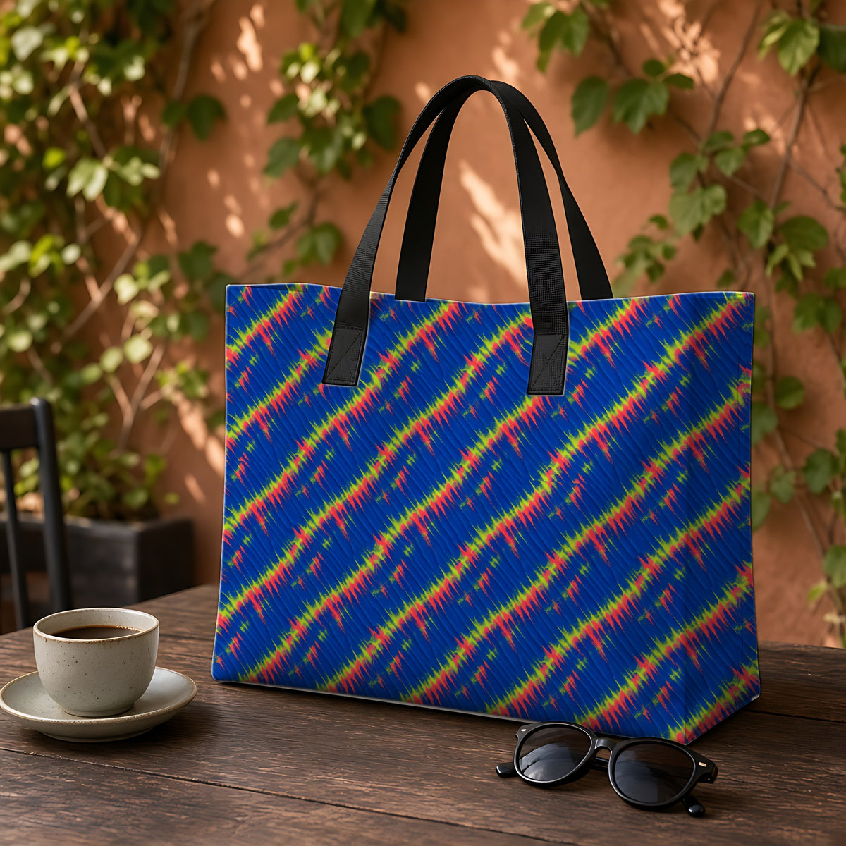 Diagonal Wrap Dye Weekender Tote Bag on a garden café table