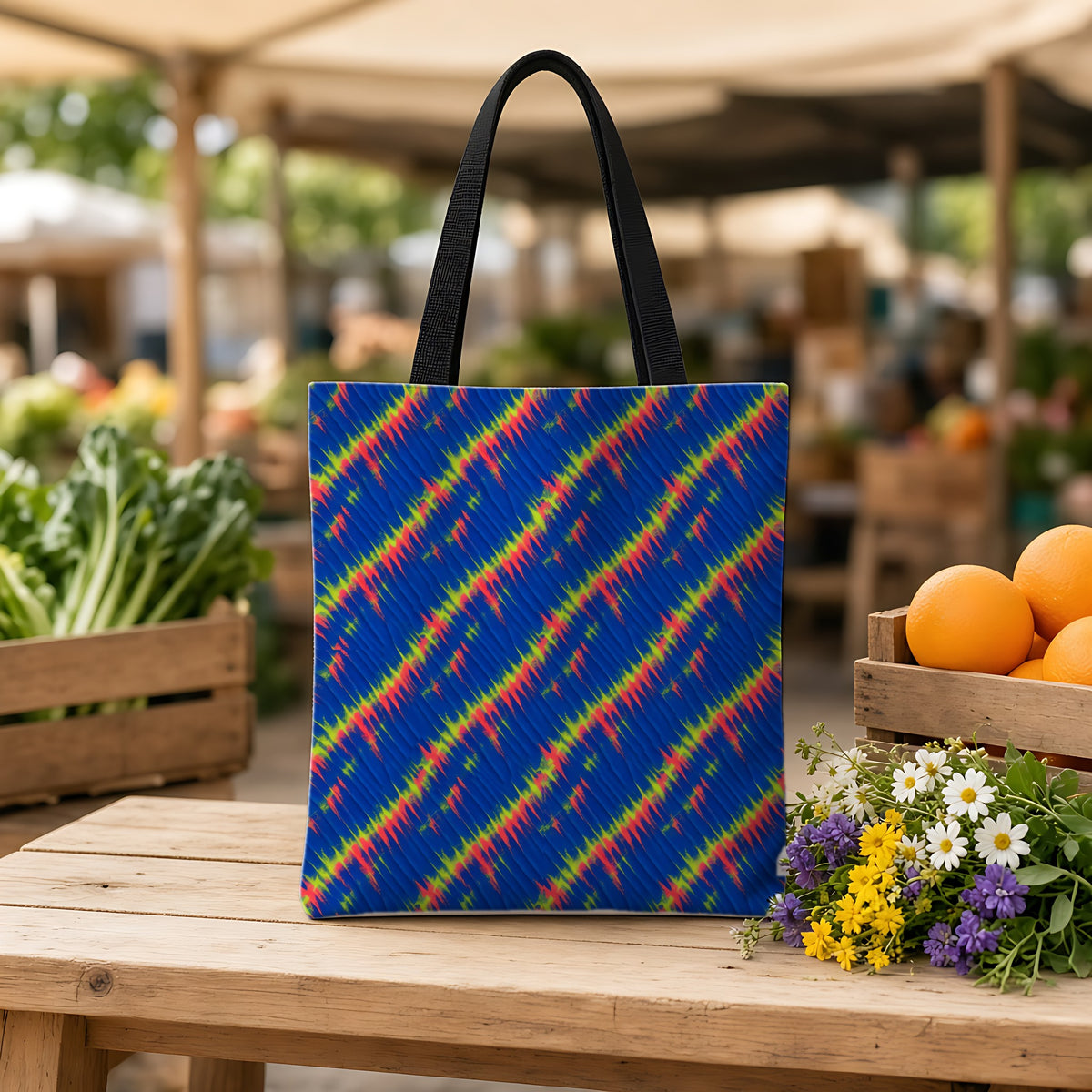 Diagonal Wrap Dye Weekender Tote Bag on a wooden bench at a farmers market