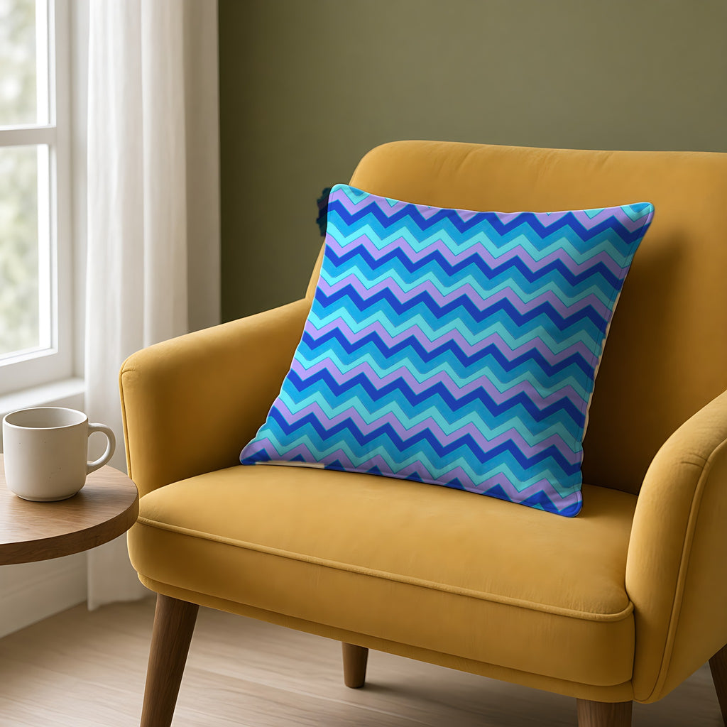 Jewel Chevron Bands Faux Suede Cushion on a mustard armchair by a window