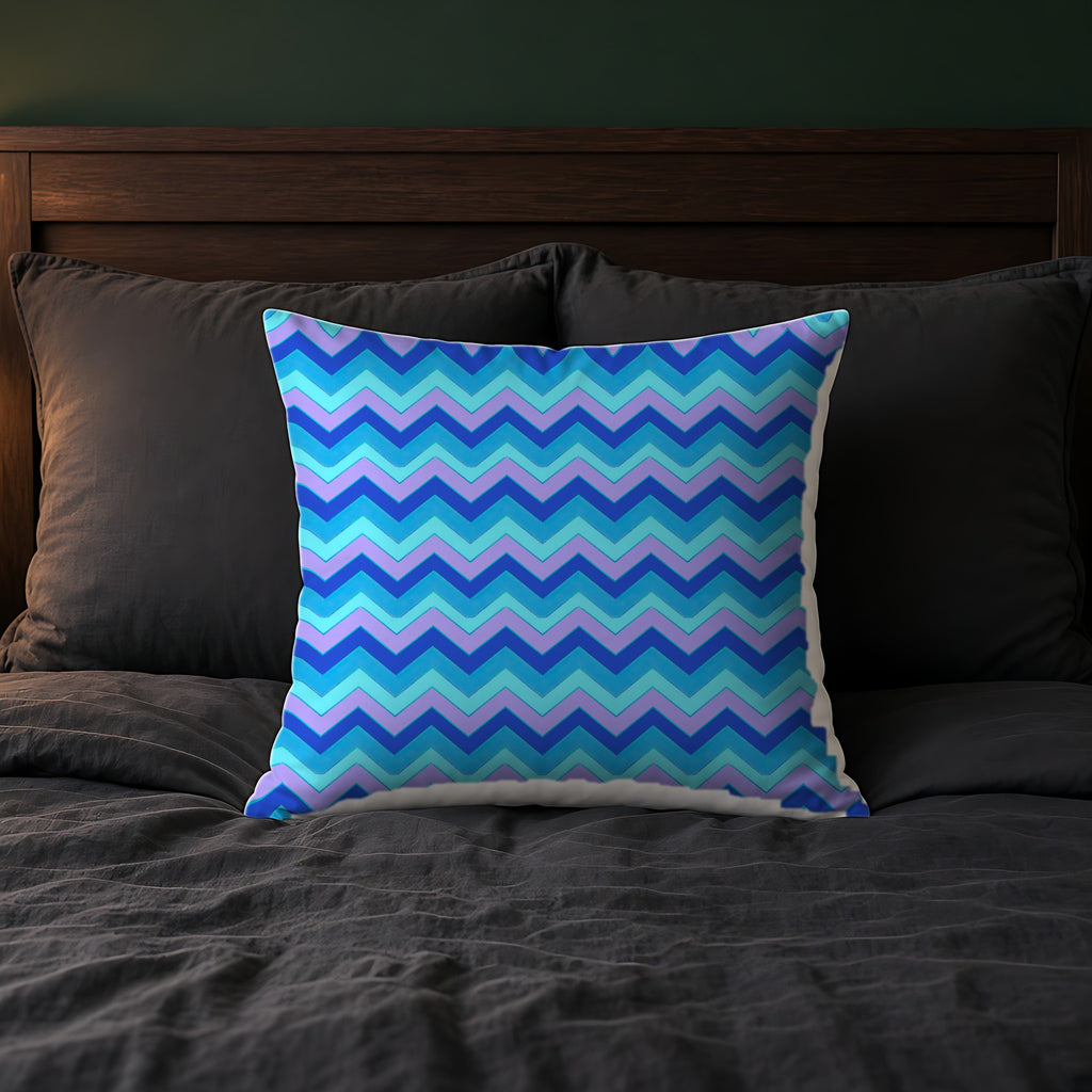 Jewel Chevron Bands Faux Suede Cushion on a bed with charcoal bedding