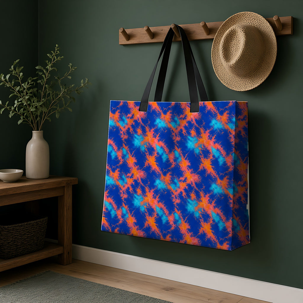 Crumple Neon Marble Weekender Tote Bag hanging on a peg rail in a green hallway