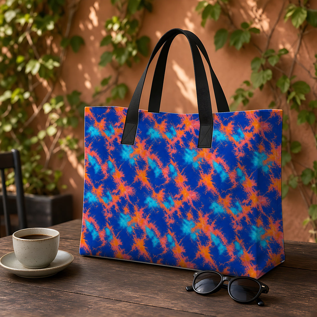 Crumple Neon Marble Weekender Tote Bag on a garden café table