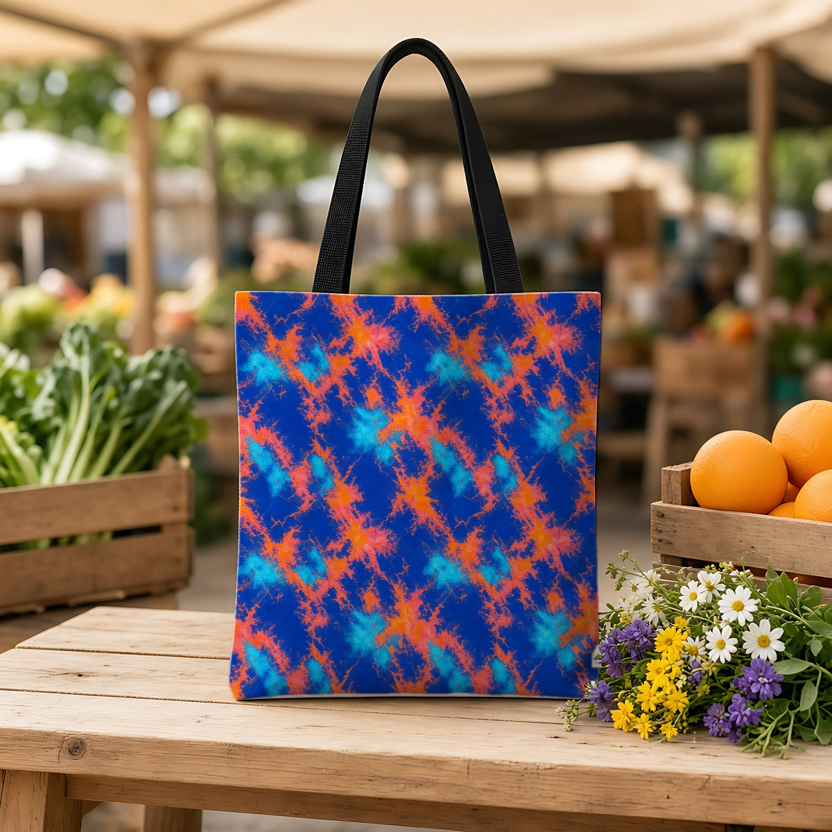 Crumple Neon Marble Weekender Tote Bag on a wooden bench at a farmers market