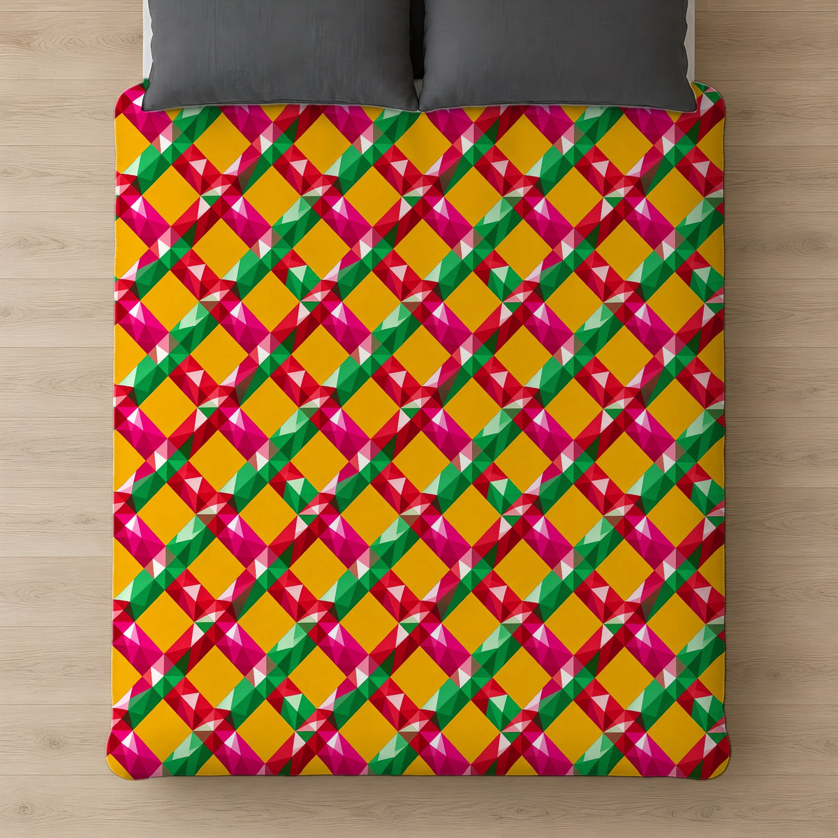 Big Jewel Prism Weave II Comforter on a bed, seen from above