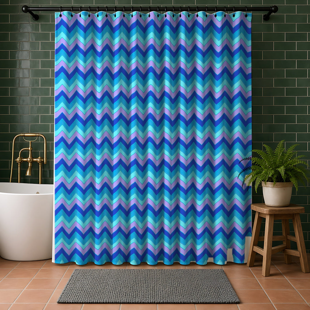 Jewel Chevron Bands Shower Curtain in a bathroom with dark green tiles