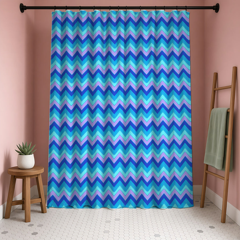 Jewel Chevron Bands Shower Curtain in a blush-pink bathroom