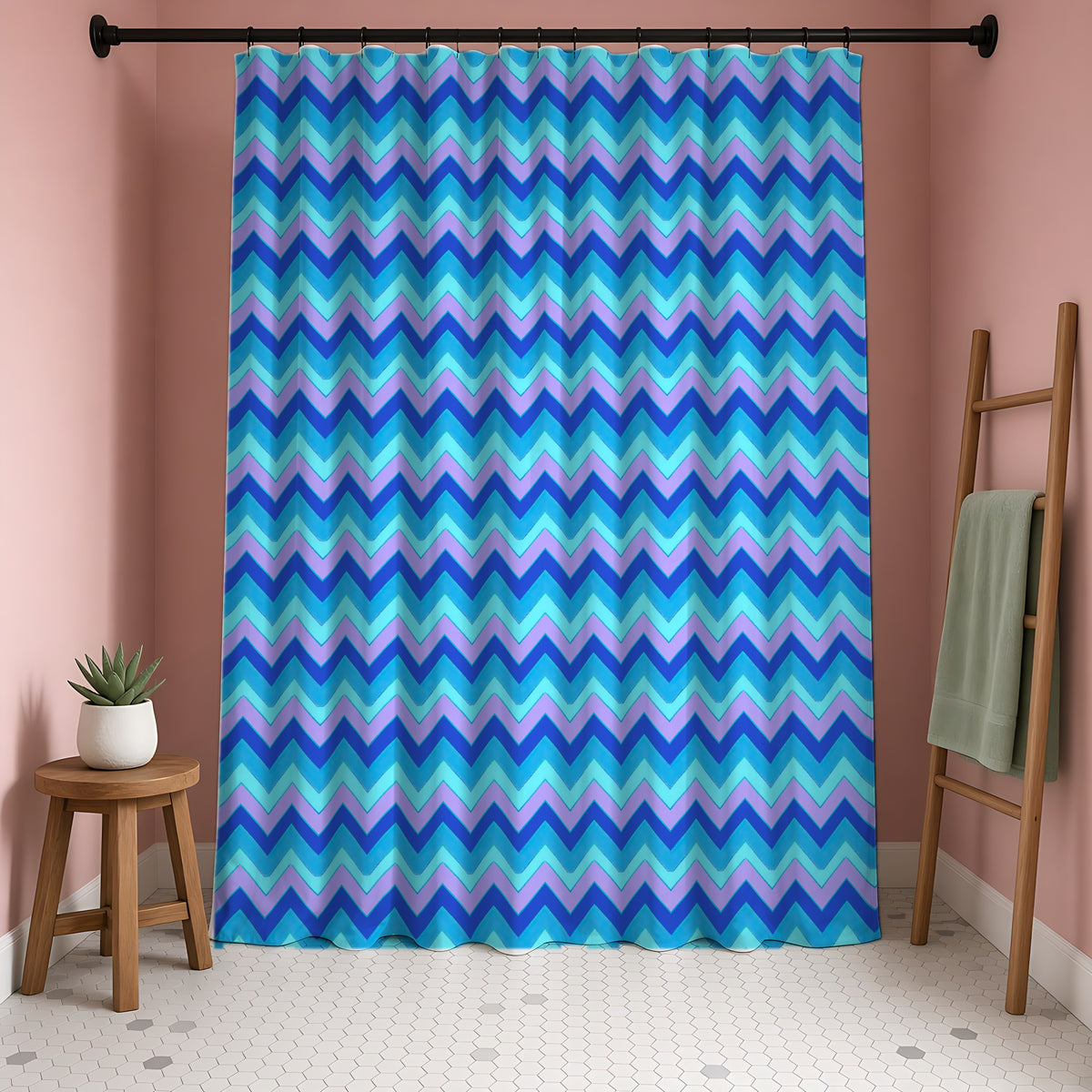 Jewel Chevron Bands Shower Curtain in a blush-pink bathroom
