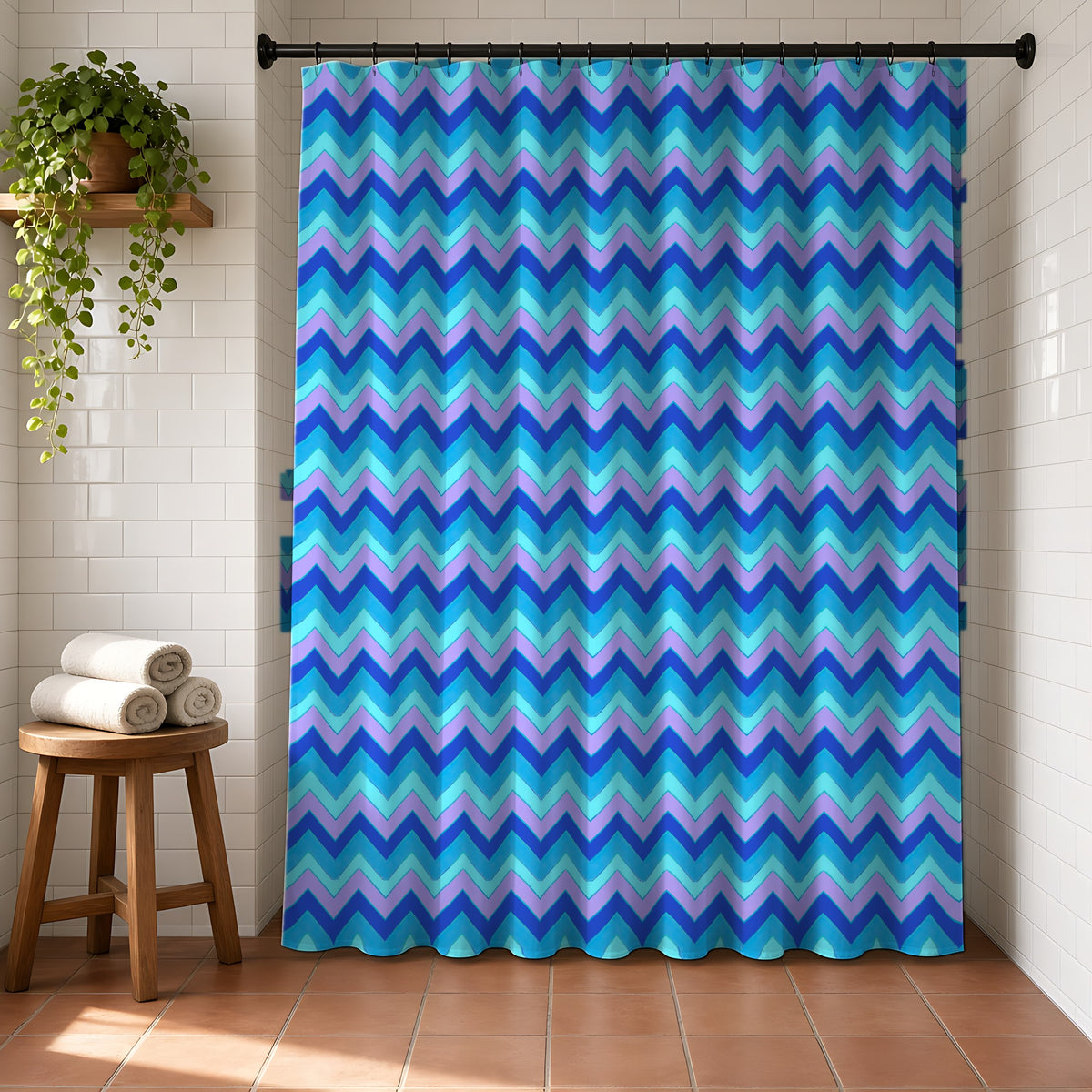 Jewel Chevron Bands Shower Curtain in a bright bathroom with white tiles and a terracotta floor