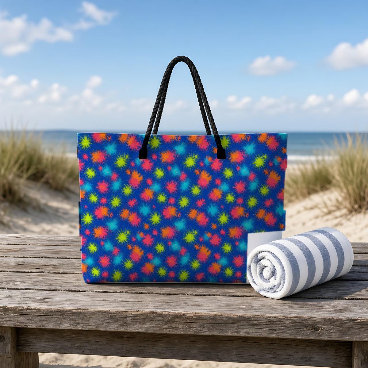 Speckle Bleed Weekender Tote Bag on a rustic table by the beach