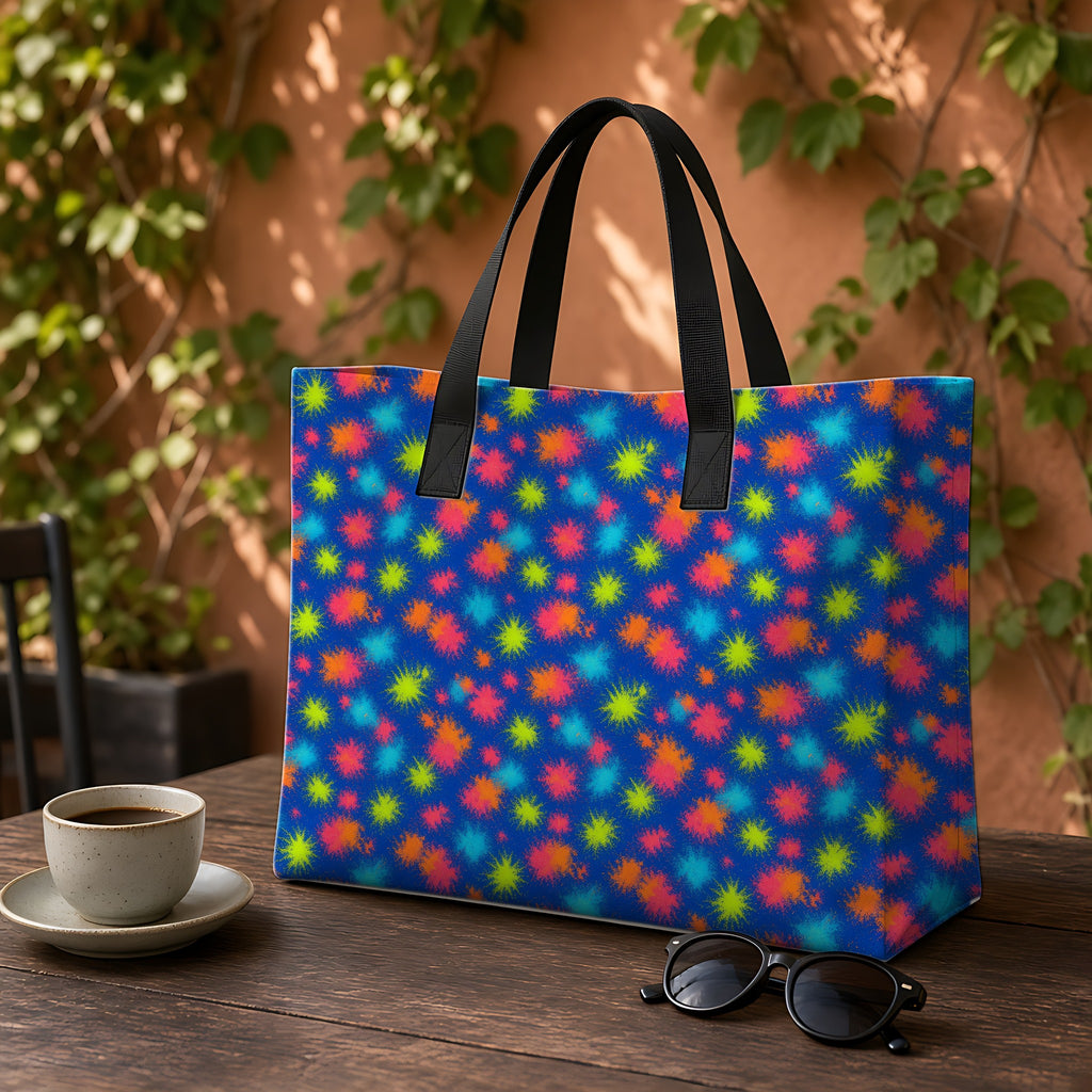 Speckle Bleed Weekender Tote Bag on a garden café table