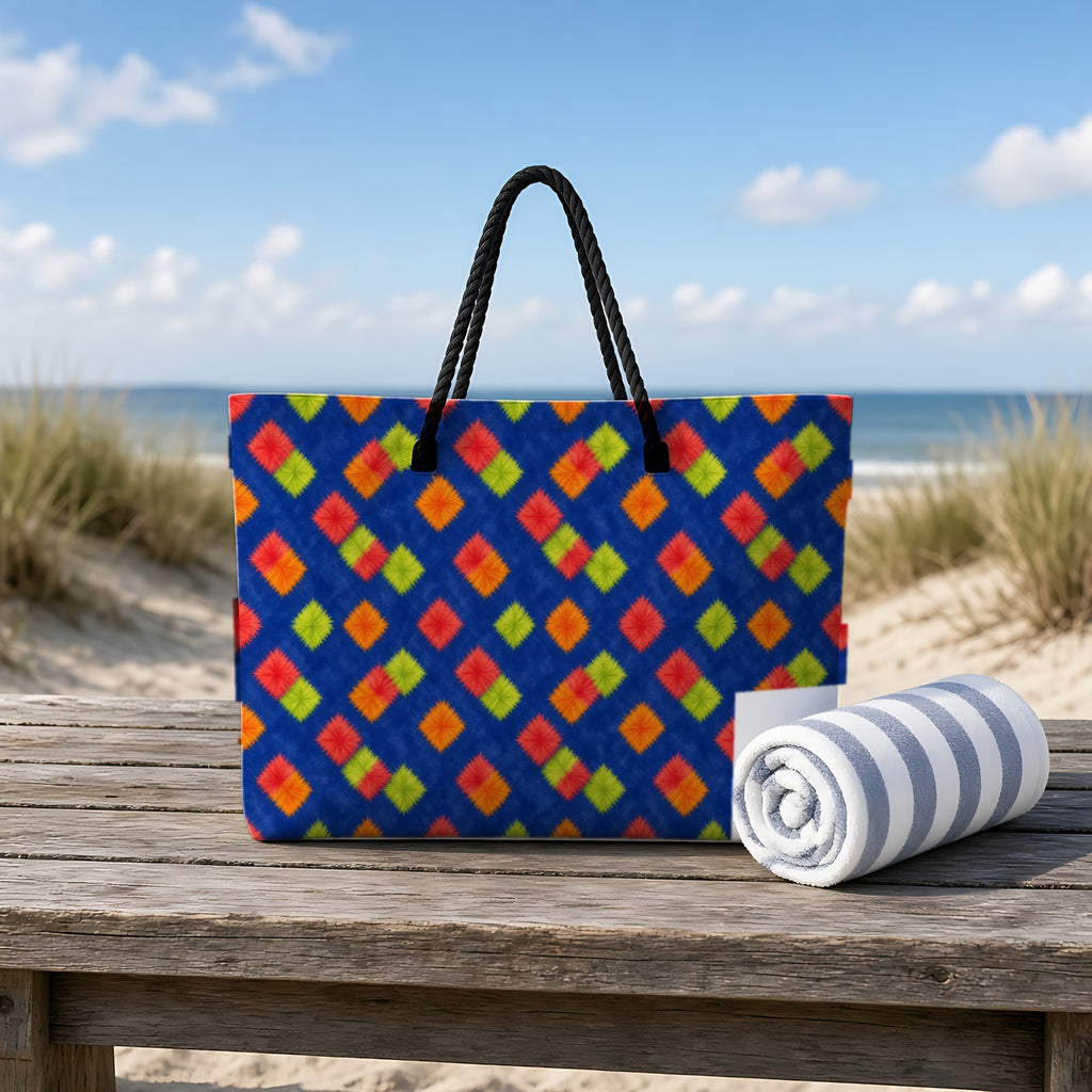 Fold Square Bleed Weekender Tote Bag on a rustic table by the beach