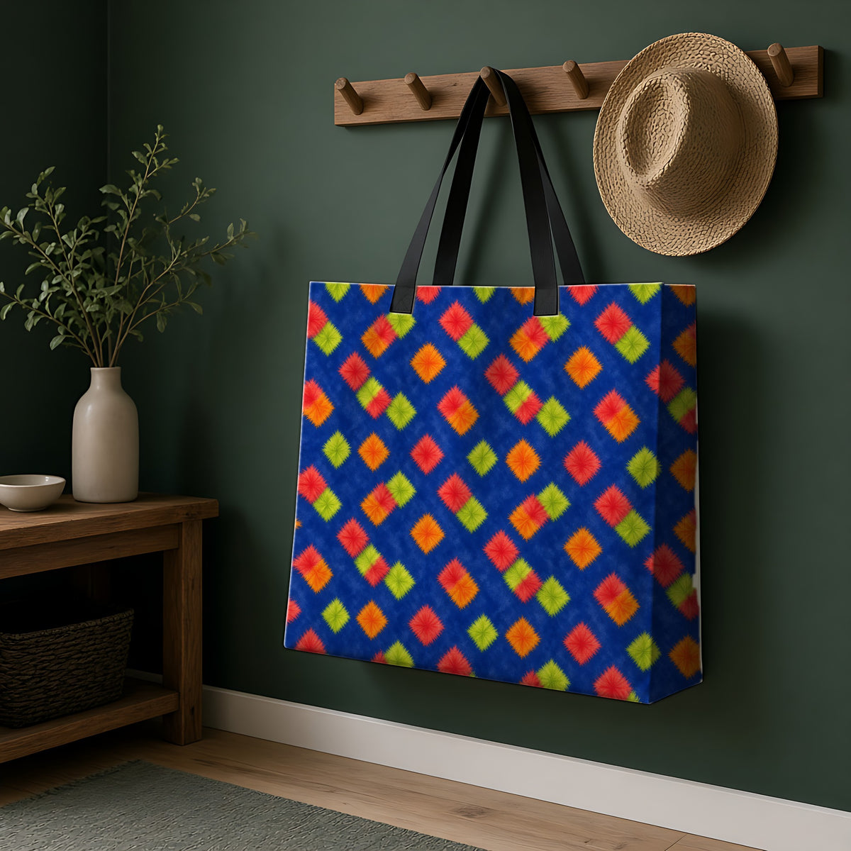 Fold Square Bleed Weekender Tote Bag hanging on a peg rail in a green hallway