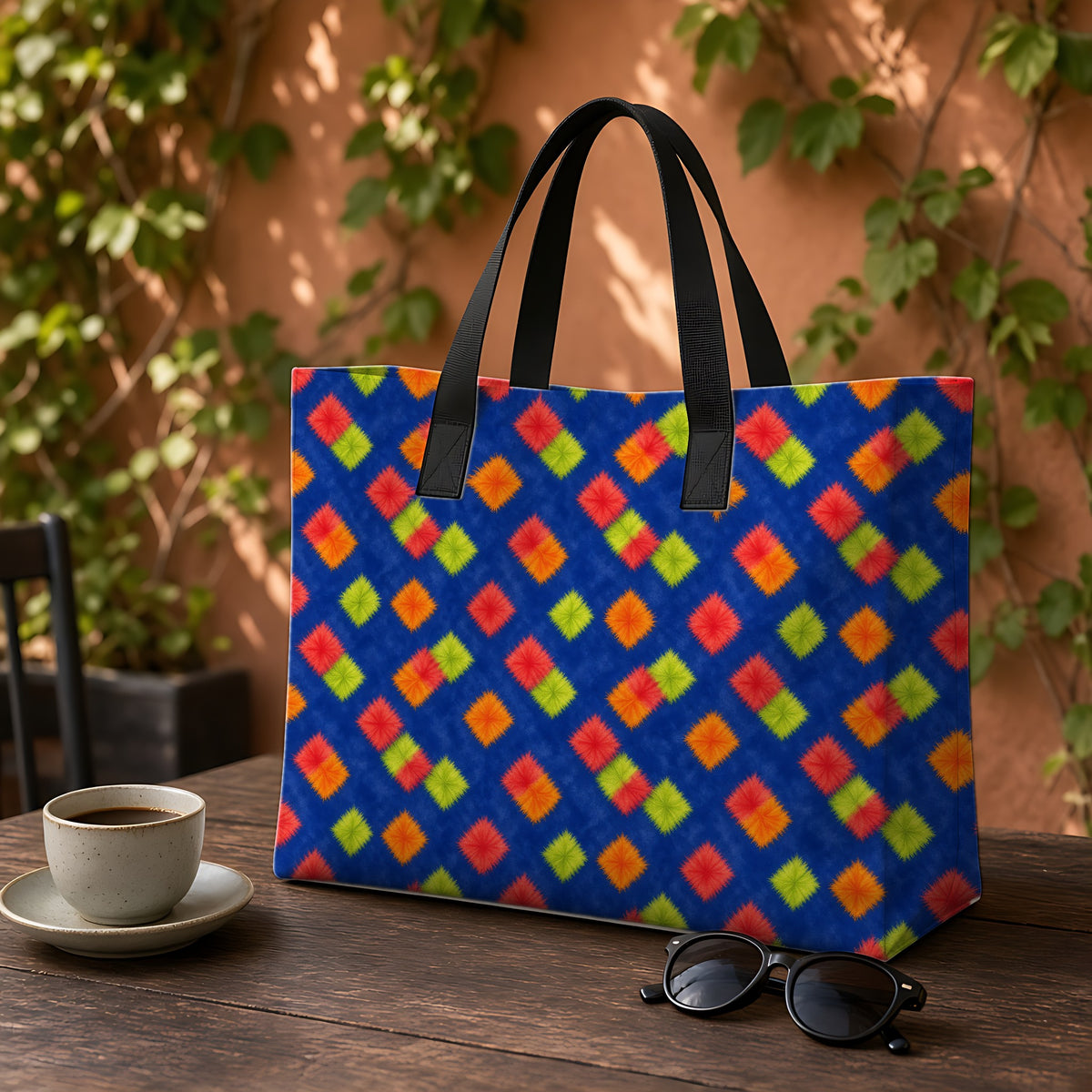 Fold Square Bleed Weekender Tote Bag on a garden café table