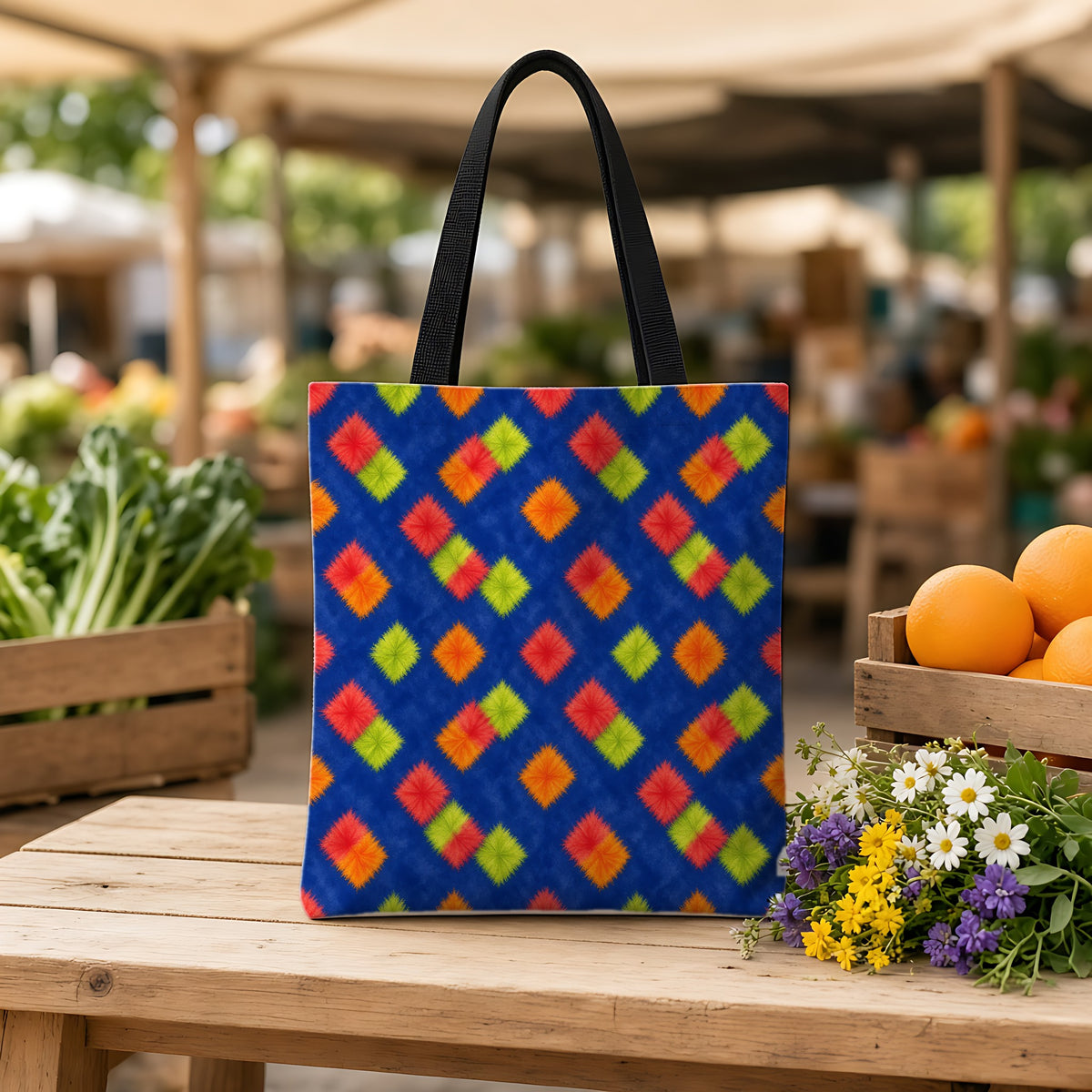 Fold Square Bleed Weekender Tote Bag on a wooden bench at a farmers market