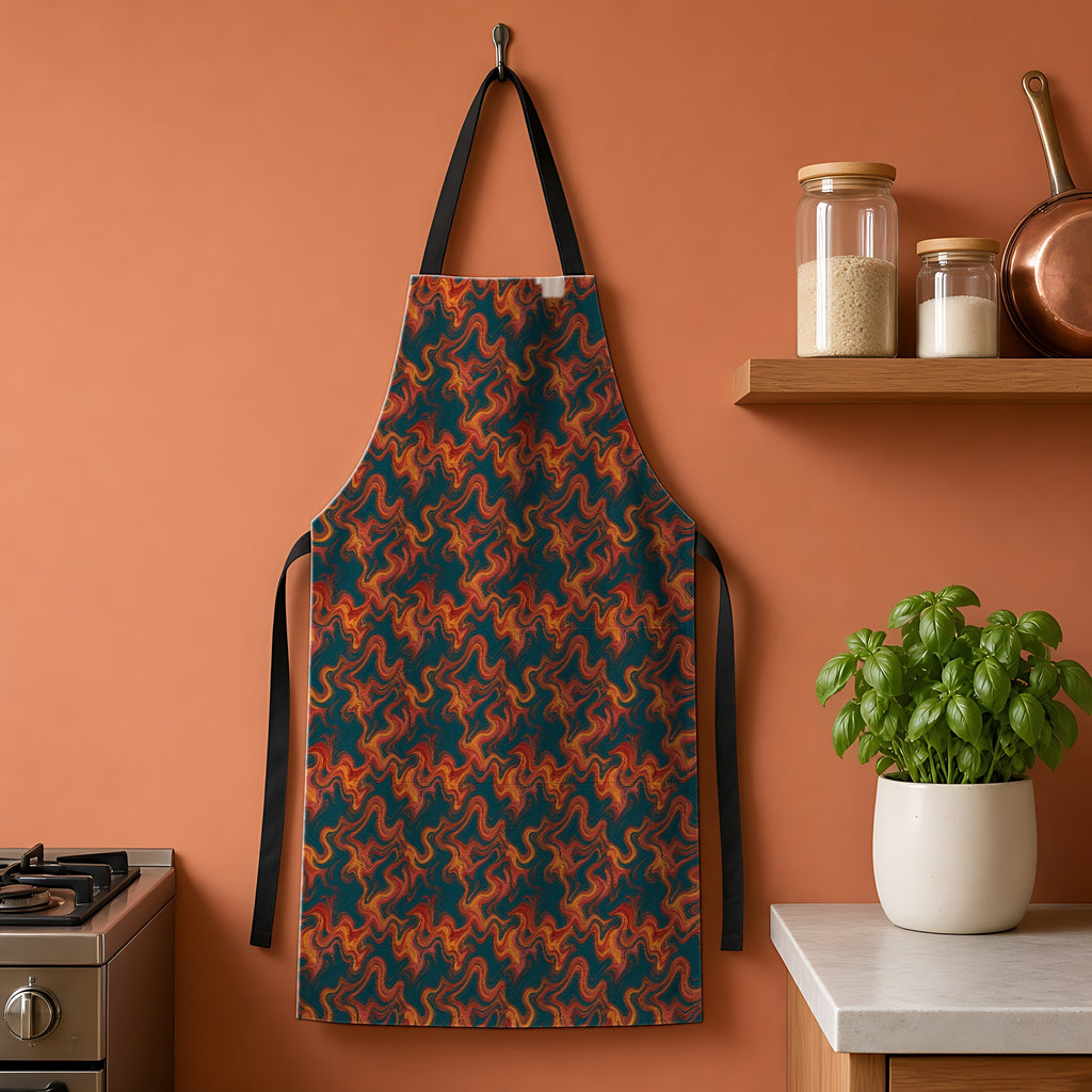 Serpentine Comb Apron hanging on a terracotta kitchen wall