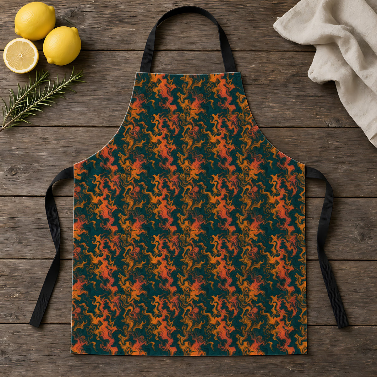 Swirl Vein Marble Apron laid flat on a rustic wooden table
