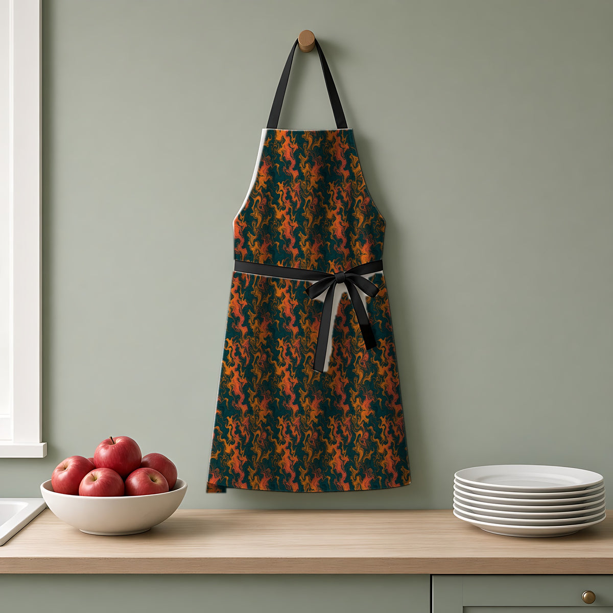 Swirl Vein Marble Apron hanging on a sage-green kitchen wall