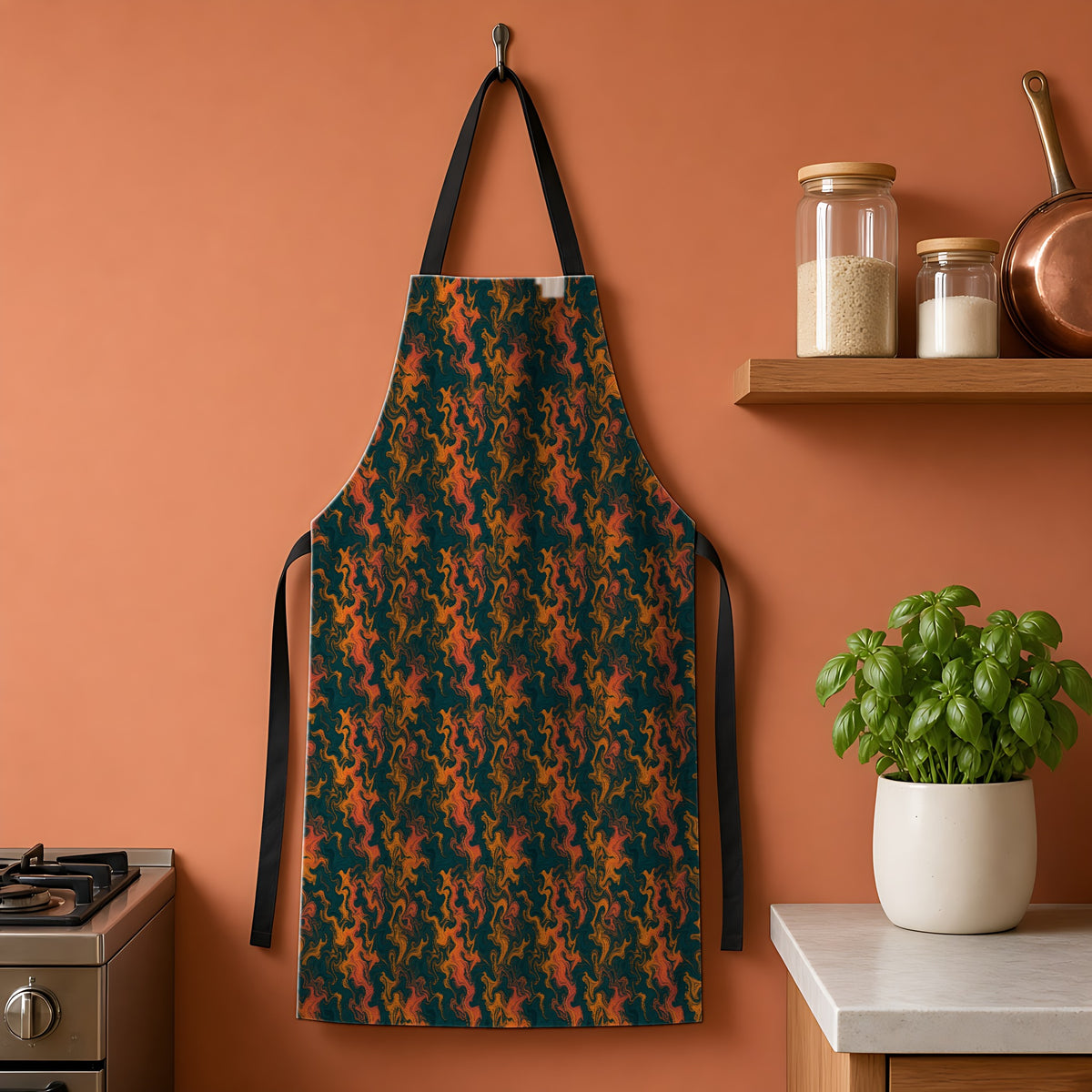 Swirl Vein Marble Apron hanging on a terracotta kitchen wall