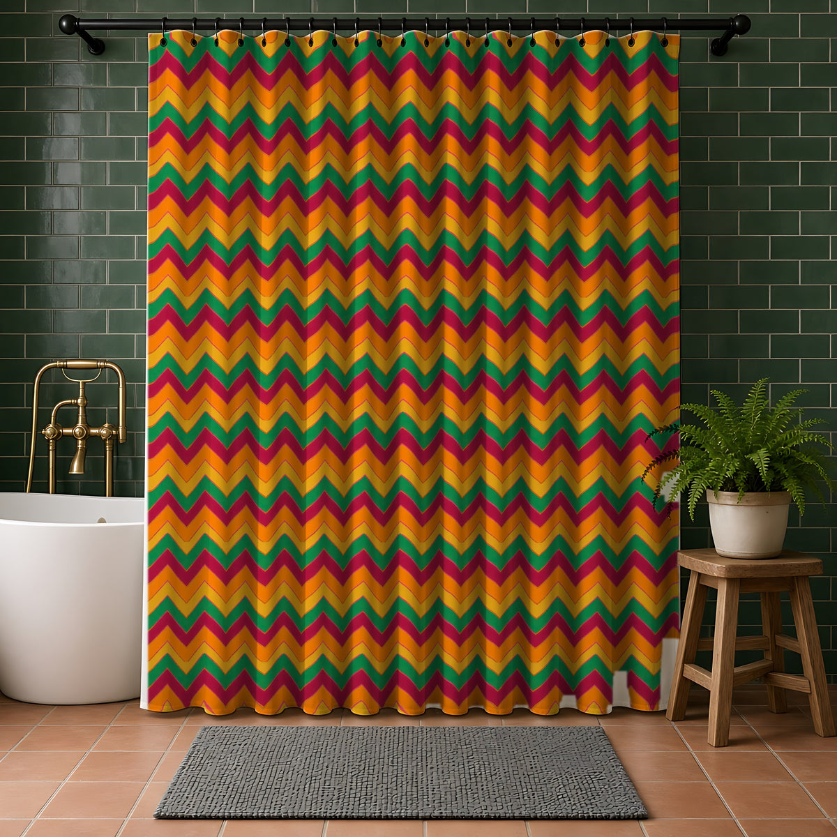 Jewel Chevron Bands Shower Curtain in a bathroom with dark green tiles
