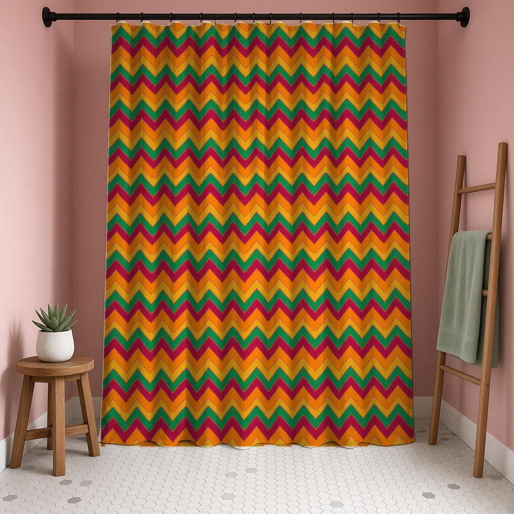 Jewel Chevron Bands Shower Curtain in a blush-pink bathroom
