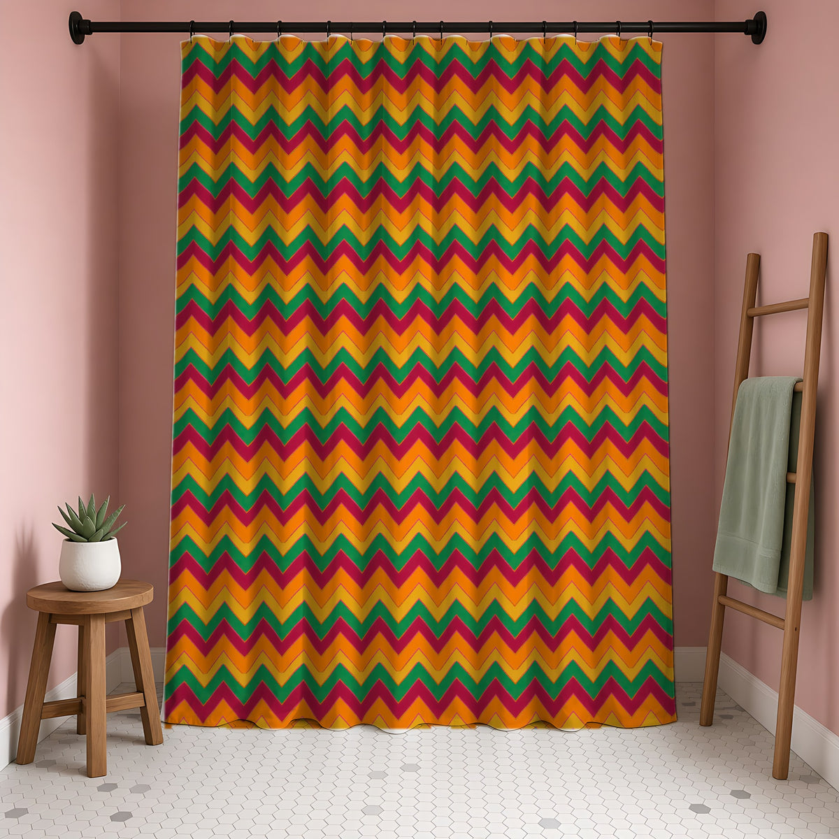 Jewel Chevron Bands Shower Curtain in a blush-pink bathroom