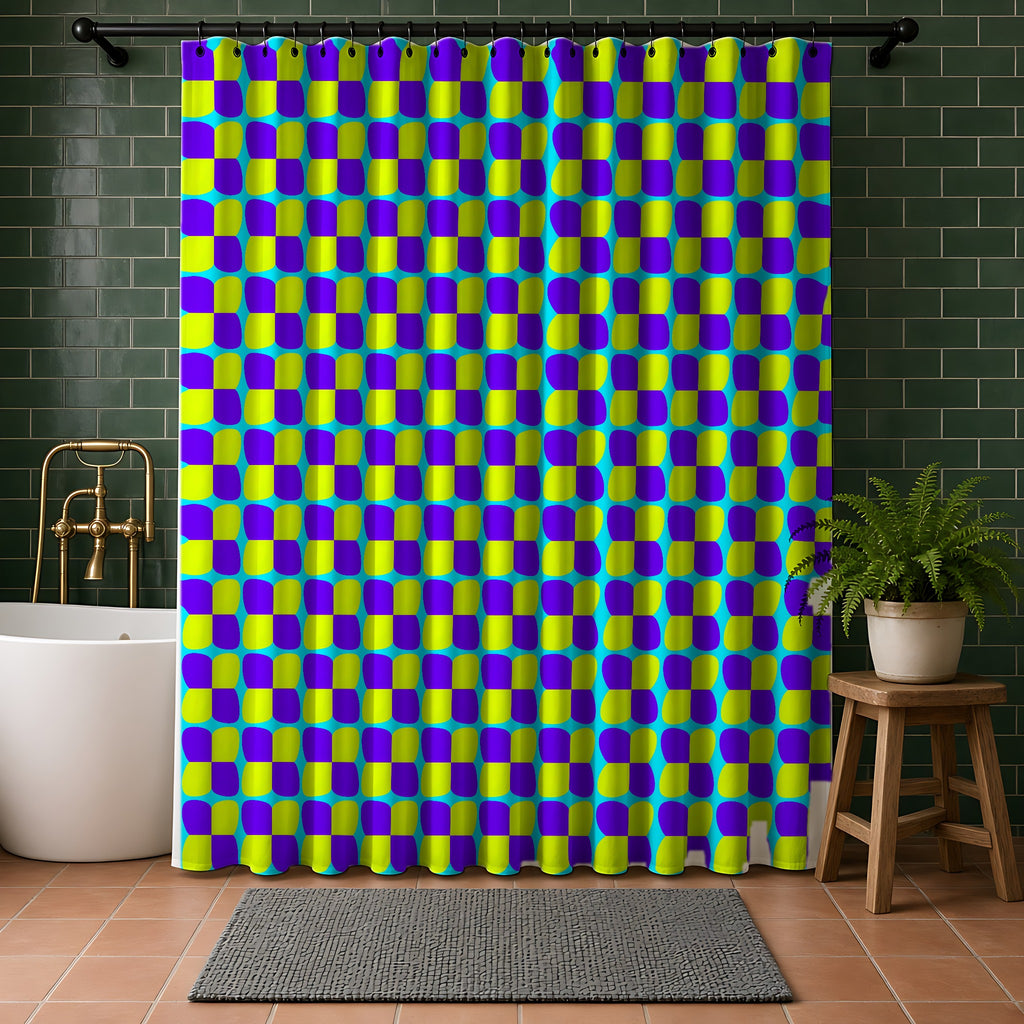 Bold Bulge Checker Shower Curtain in a bathroom with dark green tiles