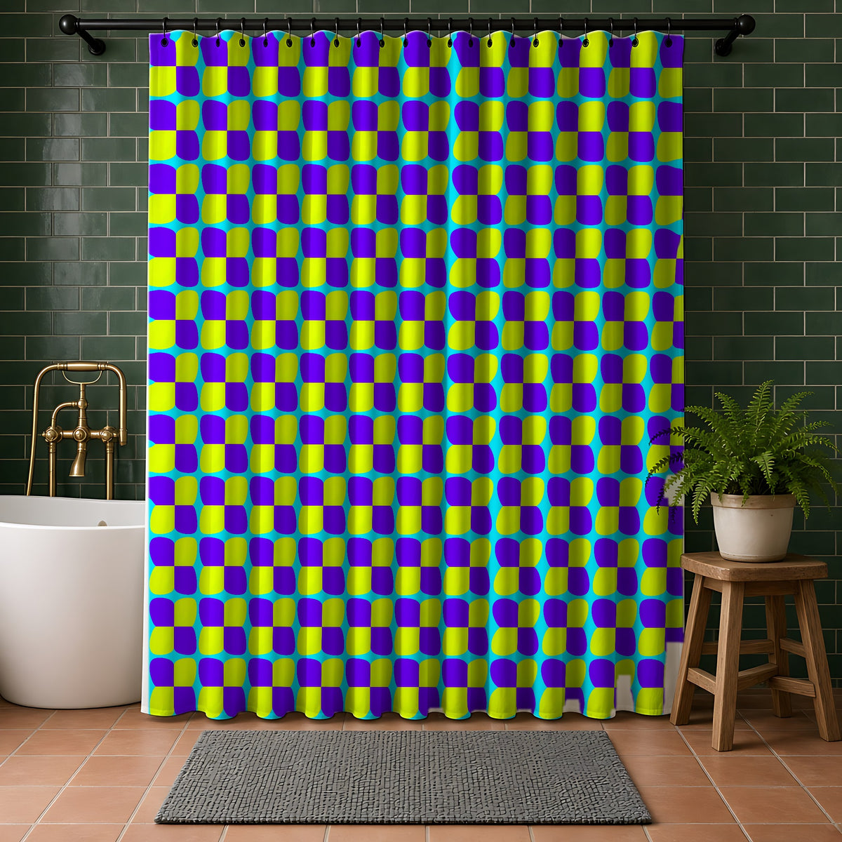 Bold Bulge Checker Shower Curtain in a bathroom with dark green tiles