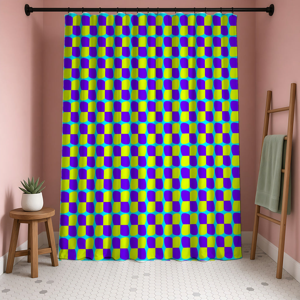 Bold Bulge Checker Shower Curtain in a blush-pink bathroom