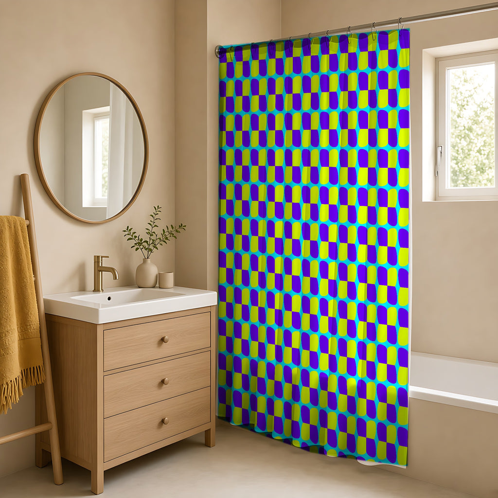 Bold Bulge Checker Shower Curtain in a warm neutral bathroom with an oak vanity