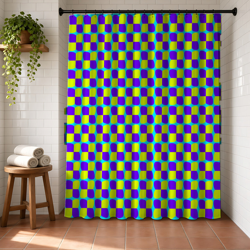 Bold Bulge Checker Shower Curtain in a bright bathroom with white tiles and a terracotta floor