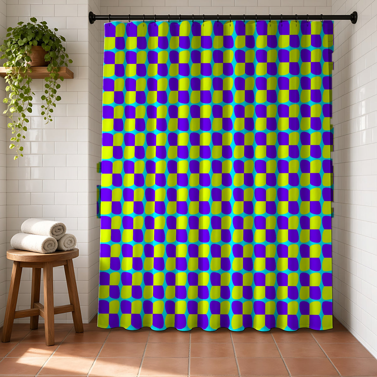 Bold Bulge Checker Shower Curtain in a bright bathroom with white tiles and a terracotta floor
