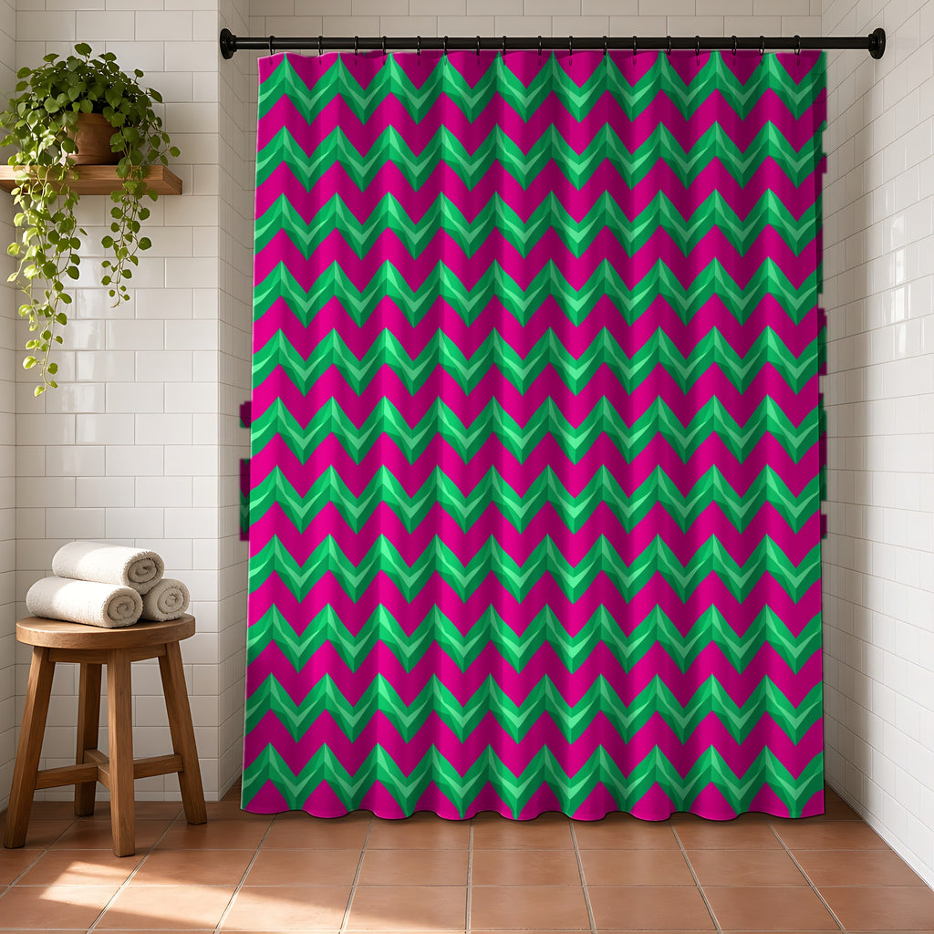 Broad Cut-Gem Chevrons Shower Curtain in a bright bathroom with white tiles and a terracotta floor