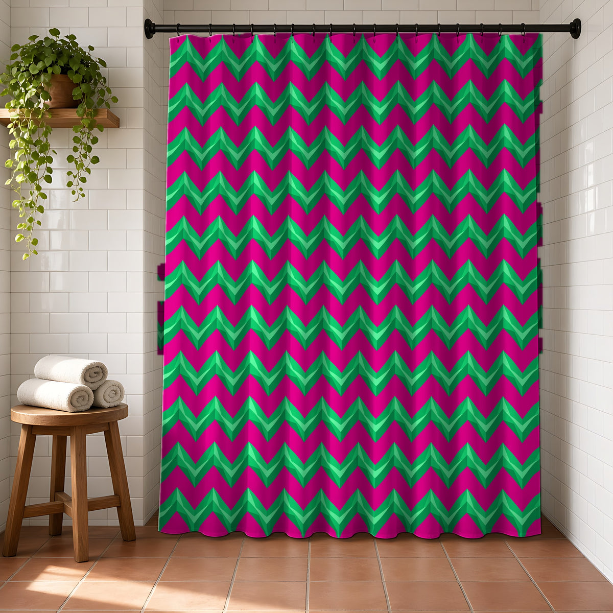 Broad Cut-Gem Chevrons Shower Curtain in a bright bathroom with white tiles and a terracotta floor