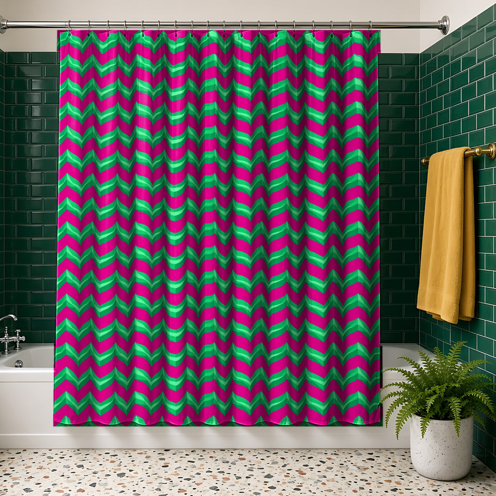 Broad Cut-Gem Chevrons shower curtain in the Christmas Jewel Bright palette, hanging in a bathroom with emerald tiles