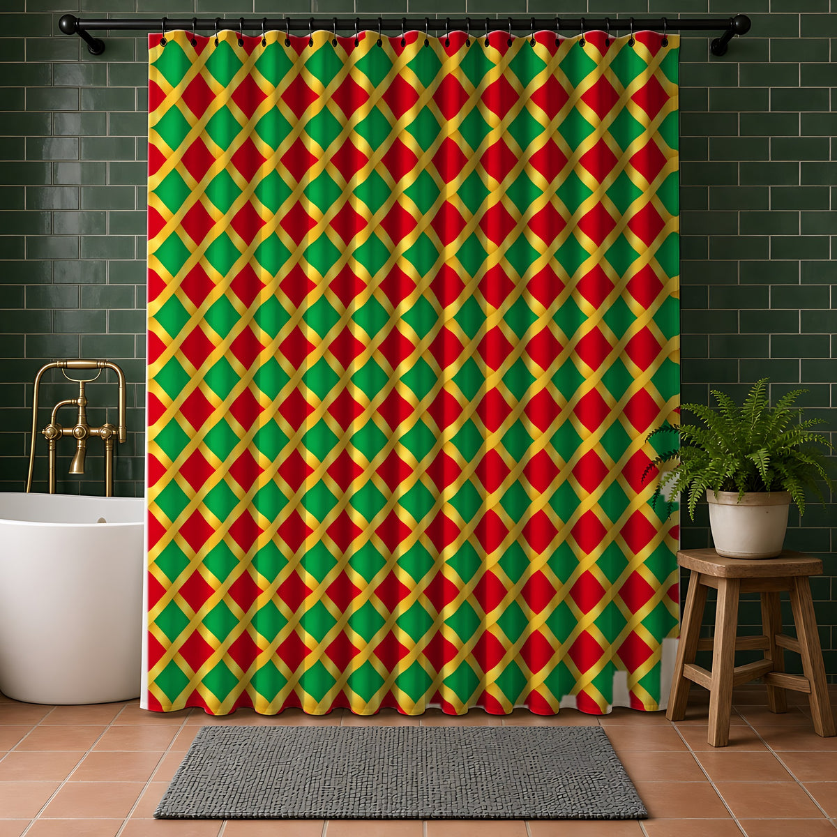 Broad Gold Diamond Trellis Shower Curtain in a bathroom with dark green tiles