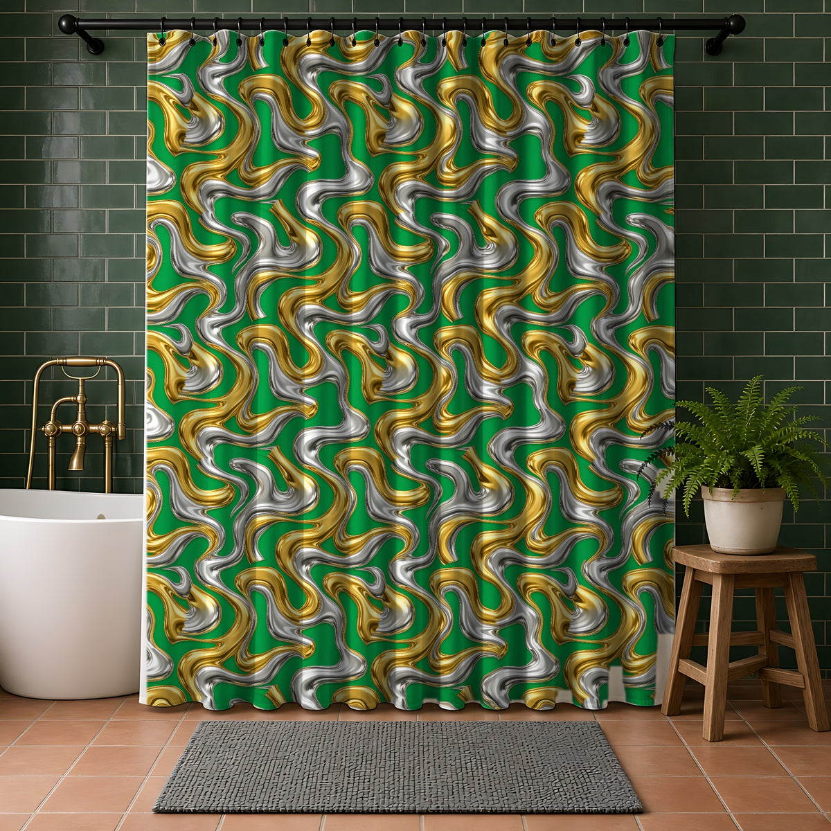 Broad Melting Gold Ribbons Shower Curtain in a bathroom with dark green tiles