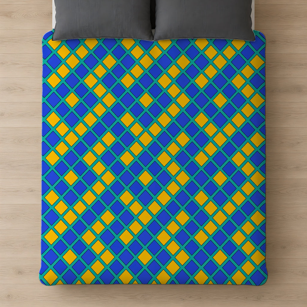 Harlequin Gold Grid Cotton Duvet Cover on a bed, seen from above